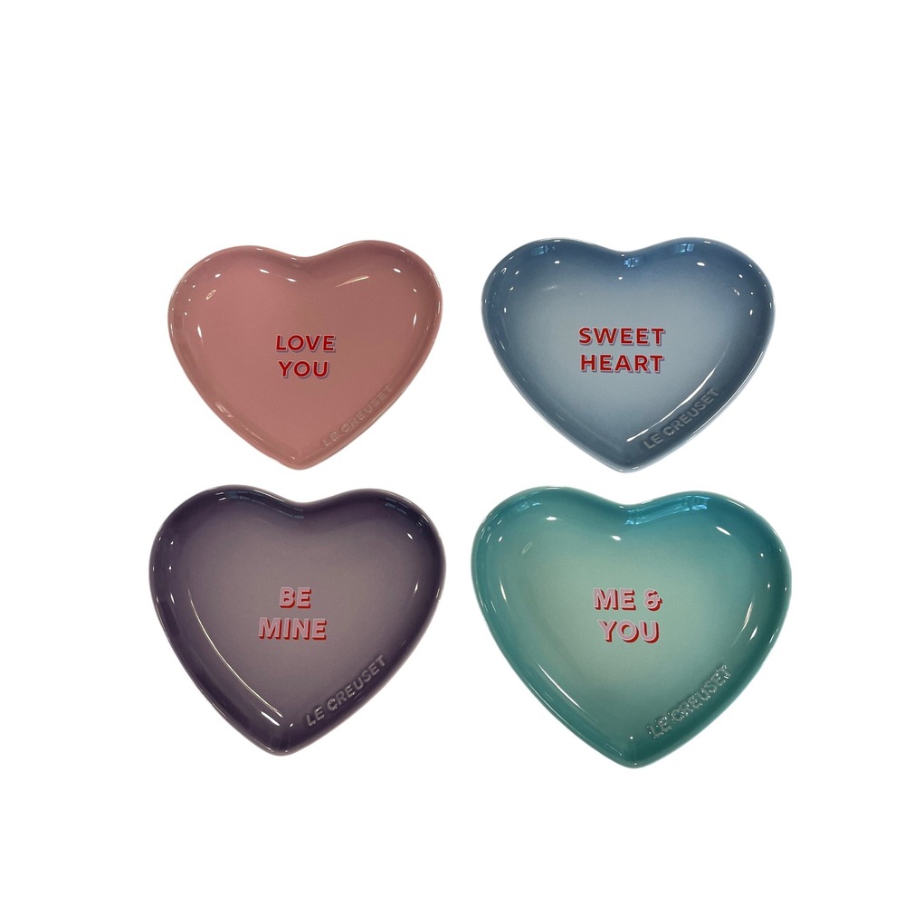 Le Creuset Heart Appetizer Plates Set of 4 Pastel Stoneware Conversation Hearts